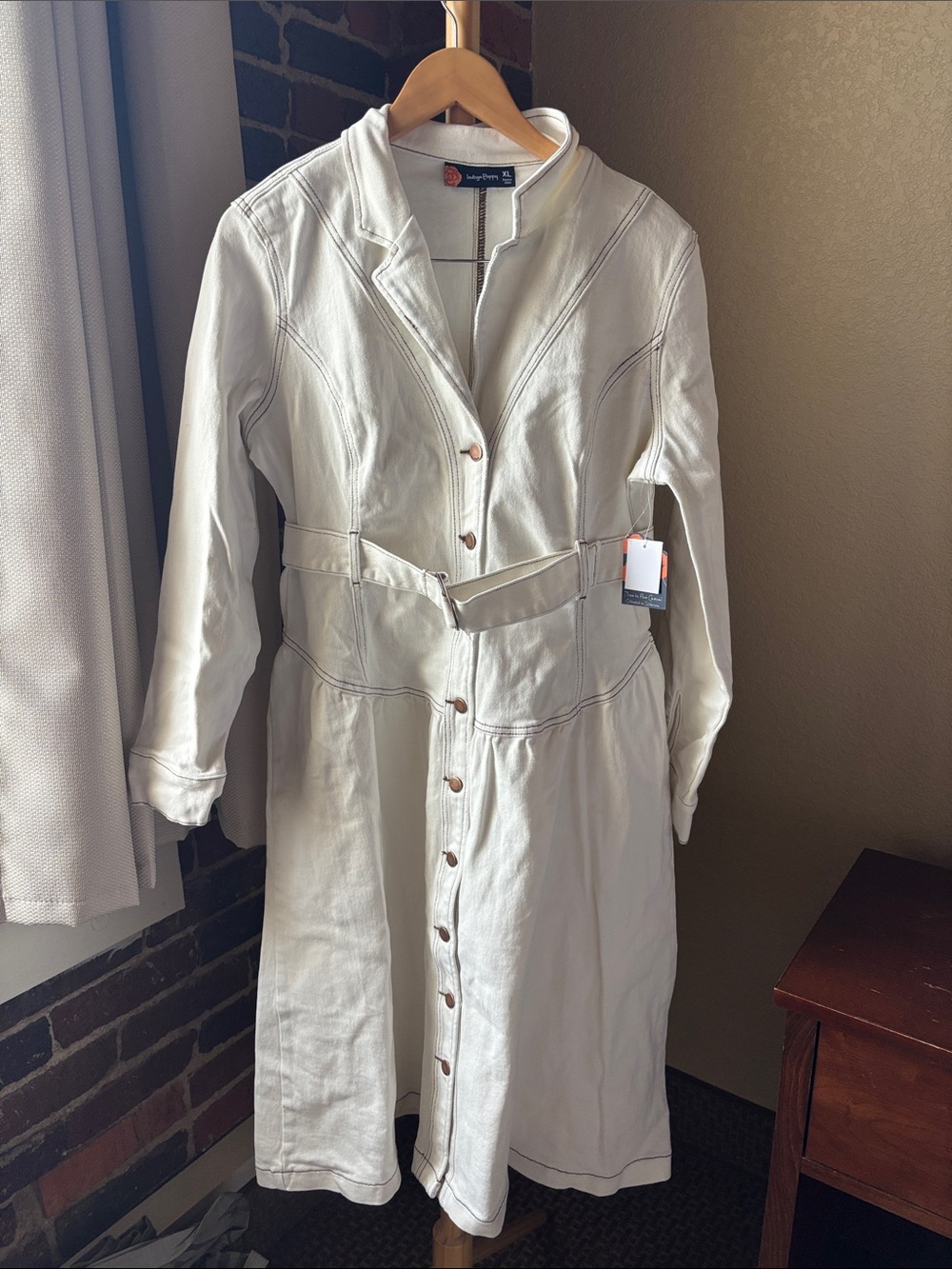 Indigo Poppy White/Cream Button-Front Long Denim Coat Dress Size XL